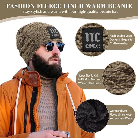 🆕 Men Khaki Fleece Lined Winter Cap Beanie Scarf Set Knit Neck Warmer Nice Hat - Picture 2 of 5